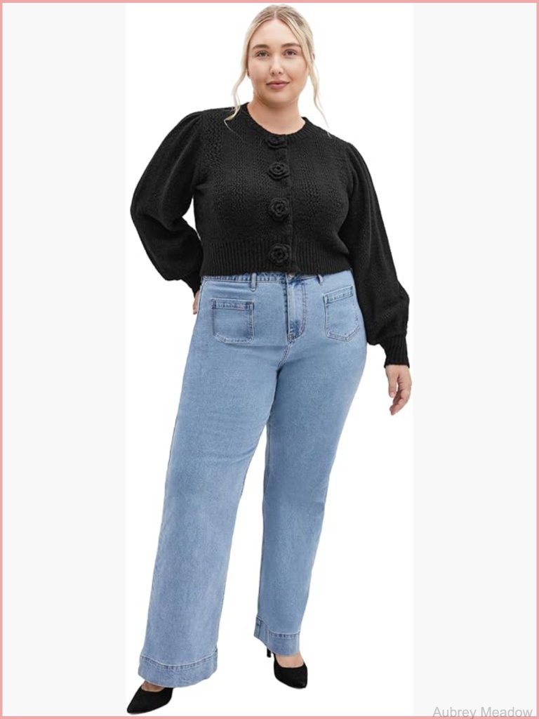 Plus Size Cropped Cardigan With Rose Buttons, Long Sleeve Knit